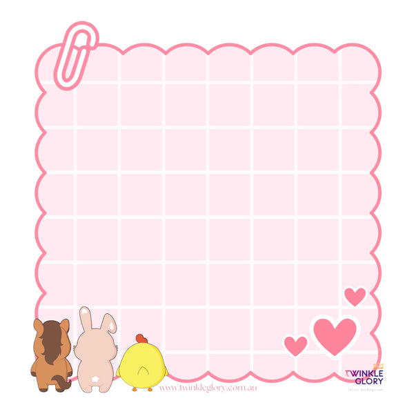 Twinkle Glory cute pink grid memo pad featuring illustrated animal characters, hearts, and paperclip detail.