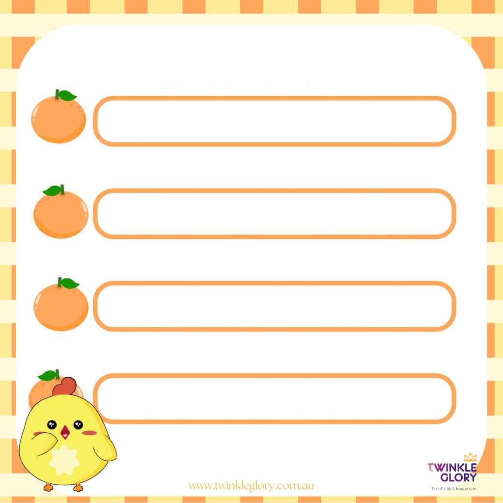 Twinkle Glory yellow and orange checklist memo pad with fruit icons and cute chick illustration.