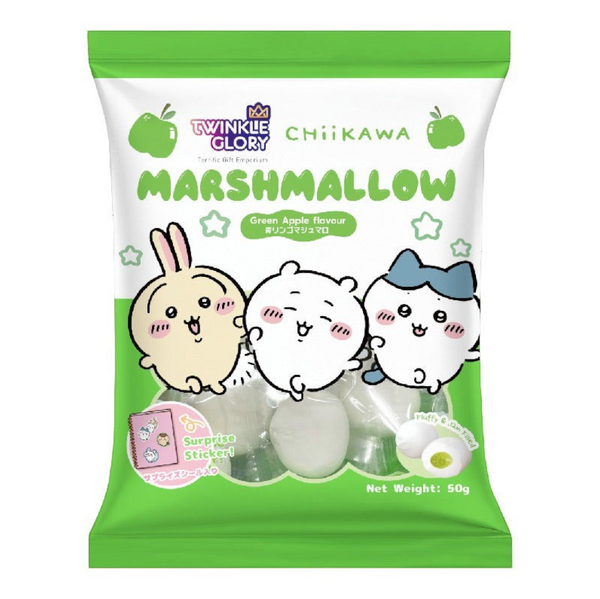 A 50g bag of Chiikawa Marshmallow green apple flavor jelly beads by Twinkle Glory. The packaging is white and bright green, featuring illustrations of the characters Chiikawa, Chibi, and Tetsurou, with the product name 'MARSHMALLOW' in bold green letters.