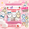 Twinkle Glory Chiikawa Marshmallow snack bag in strawberry flavor, featuring cute cartoon characters on the packaging, with several white marshmallows and one cut-open marshmallow showing red strawberry filling, set against a pink heart-patterned background with a sticker sheet callout.