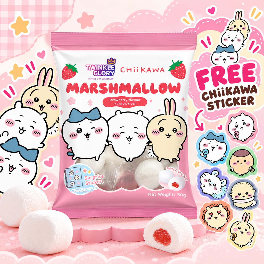 Twinkle Glory Chiikawa Marshmallow snack bag in strawberry flavor, featuring cute cartoon characters on the packaging, with several white marshmallows and one cut-open marshmallow showing red strawberry filling, set against a pink heart-patterned background with a sticker sheet callout.