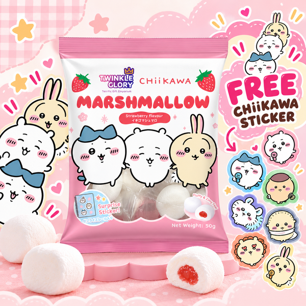 Twinkle Glory Chiikawa Marshmallow snack bag in strawberry flavor, featuring cute cartoon characters on the packaging, with several white marshmallows and one cut-open marshmallow showing red strawberry filling, set against a pink heart-patterned background with a sticker sheet callout.