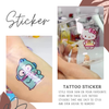Tattoo stickers on skin and a glass with a Hello Kitty design, labeled 'Tattoo Sticker'.