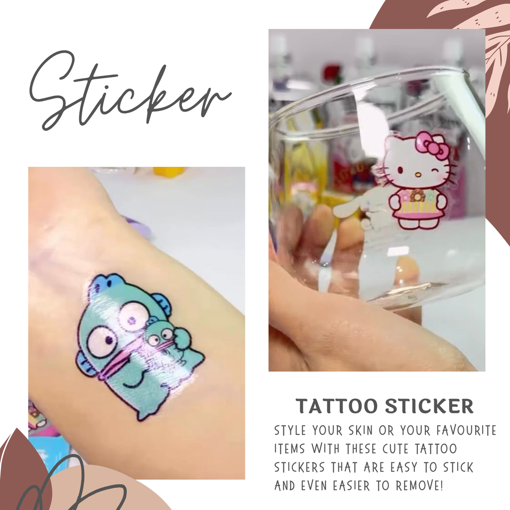 Tattoo stickers on skin and a glass with a Hello Kitty design, labeled 'Tattoo Sticker'.