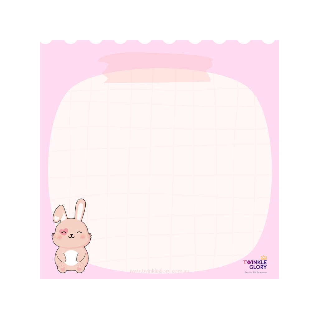 A square pink notepad with a scalloped top edge, featuring a large rounded white writing area with a faint grid, a small cartoon bunny in the lower left, and the Twinkle Glory brand logo in the lower right.
