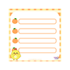 A printable planner insert or notepad page with a white center, four orange oval label slots, small orange fruit illustrations next to each slot, a yellow chick character in the bottom-left corner, and an orange-and-white striped border. The brand name Twinkle Glory appears in the bottom-right corner.