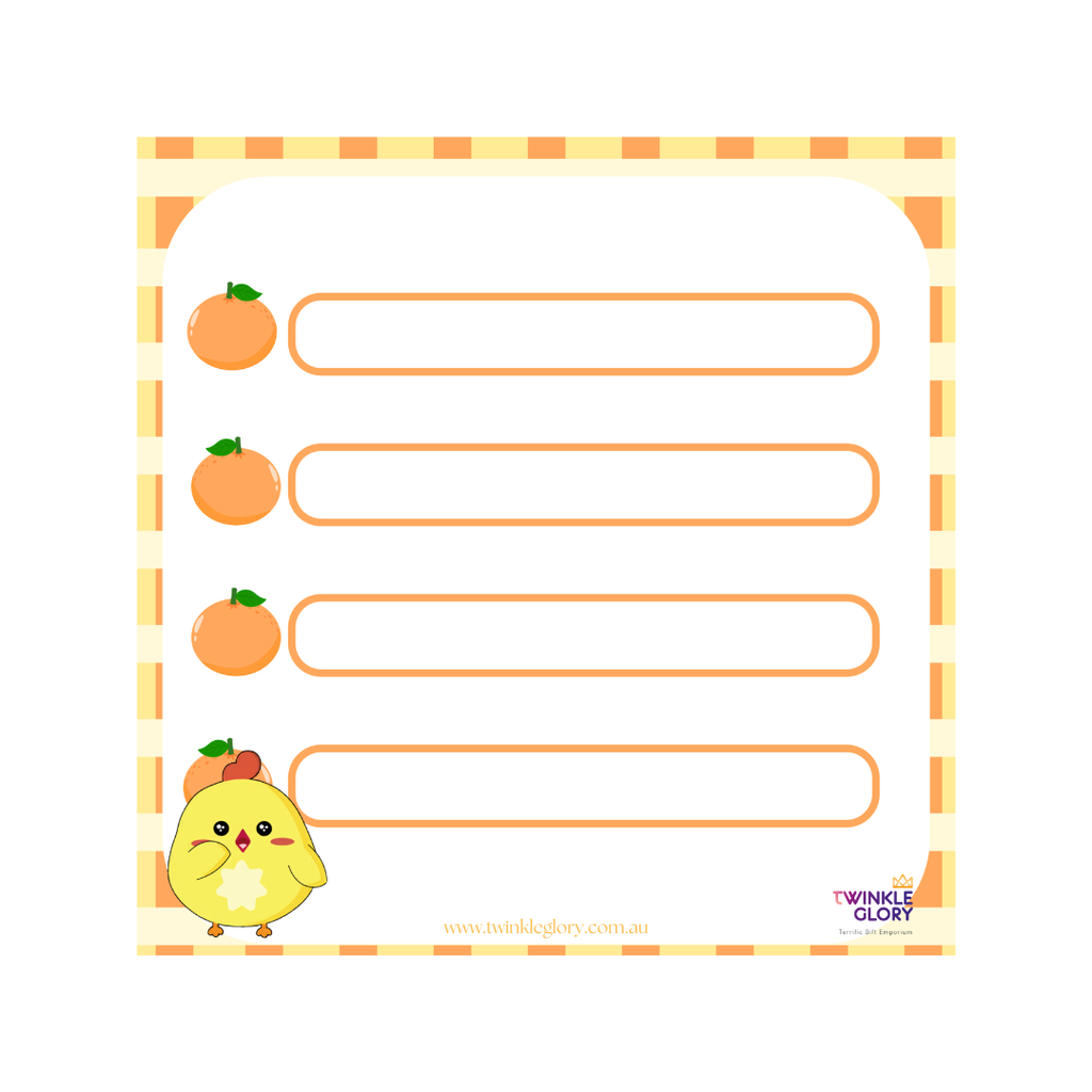 A printable planner insert or notepad page with a white center, four orange oval label slots, small orange fruit illustrations next to each slot, a yellow chick character in the bottom-left corner, and an orange-and-white striped border. The brand name Twinkle Glory appears in the bottom-right corner.
