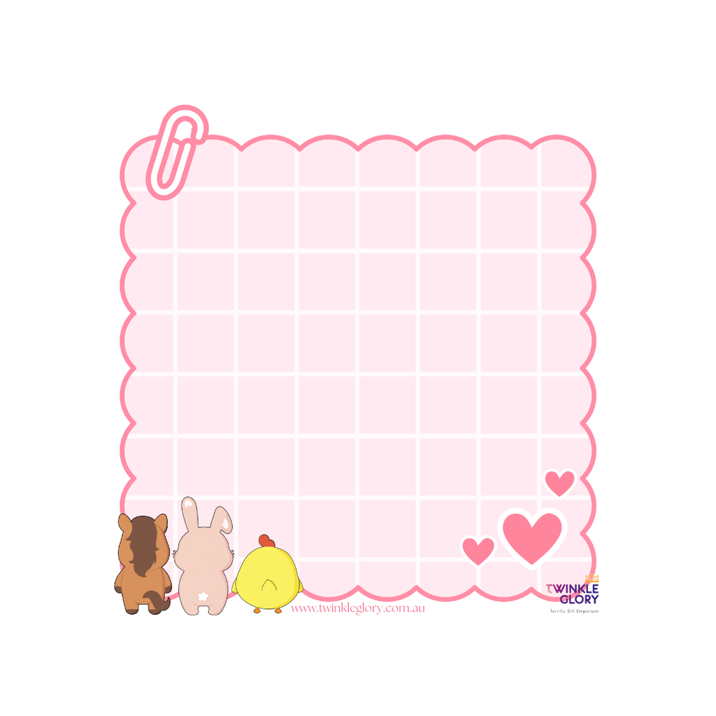 A pink grid notepad template with scalloped edges, a paperclip icon in the top-left corner, and cute cartoon animal illustrations along the bottom. The notepad is centered on a plain white background, with a small 'Twinkle Glory' brand logo in the bottom-right corner.