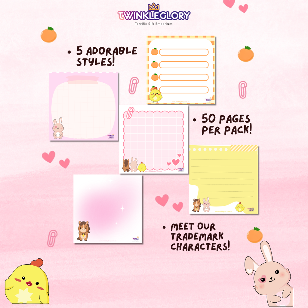 Promotional graphic for a stationery pack by Twinkleglory, showing five cute pastel sticky note pad designs on a pink background with hearts, bunnies, chicks, and text reading '5 ADORABLE STYLES!', '50 PAGES PER PACK!', and 'MEET OUR TRADEMARK CHARACTERS!'.