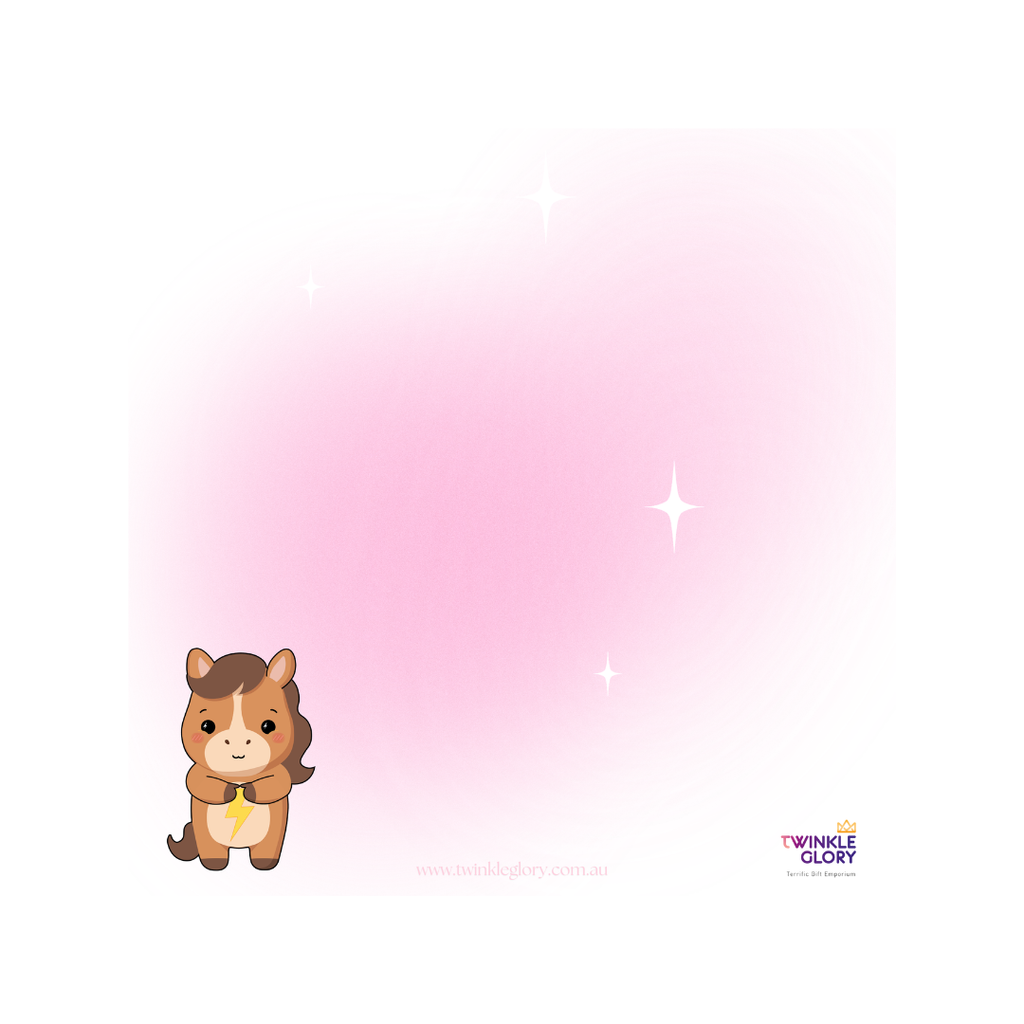 A square digital design template featuring a cute cartoon brown horse with a gold bell on its neck, set against a soft pink gradient background with white sparkles. The brand logo 'Twinkle Glory' is visible in the bottom right corner.