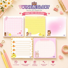 A set of five pastel memo pads from Twinkleglory displayed on a light pink background with stationery props. The pads feature cute cartoon animals and include pink, yellow, and white designs with grid lines, lined writing sections, and pastel gradients.