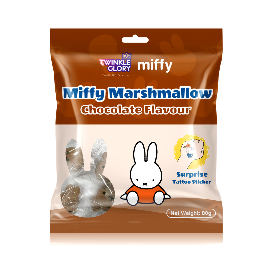 Miffy Marshmallow Chocolate Flavour packaging with a rabbit illustration on a white background