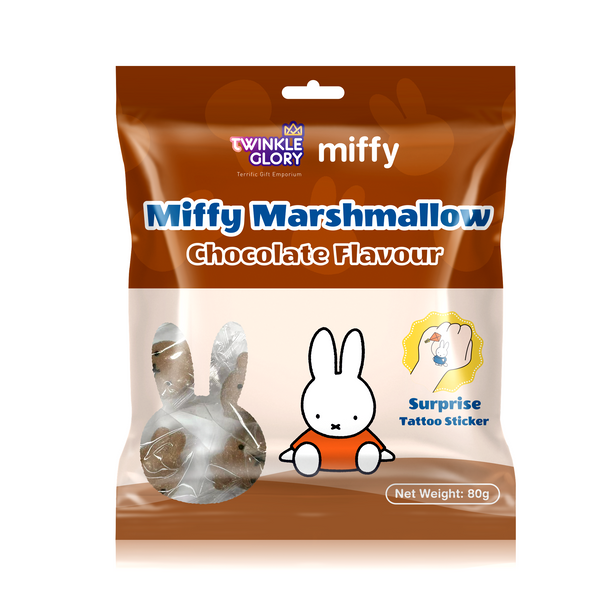 Miffy Marshmallow Chocolate Flavour packaging with a rabbit illustration on a white background