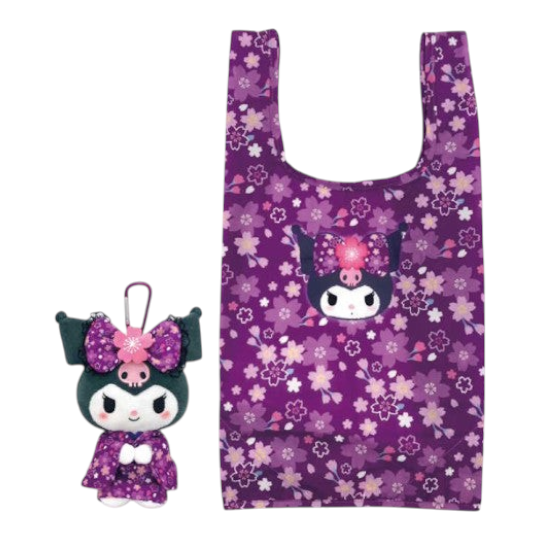 Twinkle Glory Sanrio Kuromi plush in a purple sakura kimono with a matching floral print reusable eco bag