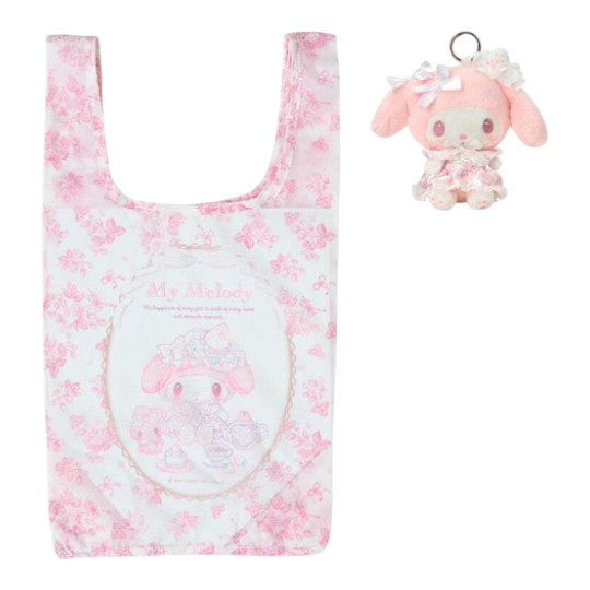 Twinkle Glory Sanrio My Melody white and pink strawberry tea time eco shopping bag with matching mascot plush charm