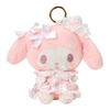 Twinkle Glory My Melody plush mascot in a pink strawberry tea time dress with white bows and a gold keyring clip.