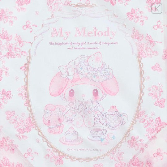 Twinkle Glory Sanrio My Melody White Strawberry Tea Time shopping bag featuring a pink and white floral illustration
