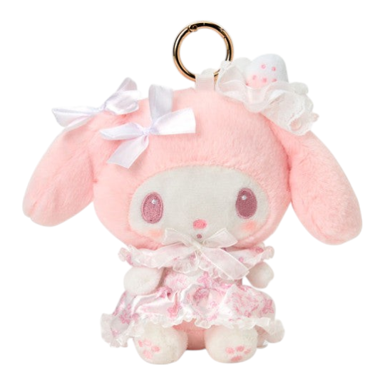 Twinkle Glory My Melody plush mascot in a pink strawberry tea time dress with white bows and a gold keyring clip.
