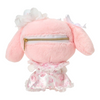 Twinkle Glory My Melody plush mascot back view with a gold zipper pouch and pink floral dress