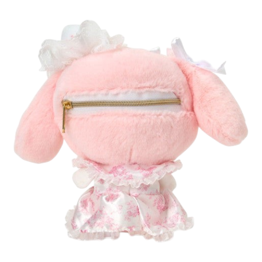 Twinkle Glory My Melody plush mascot back view with a gold zipper pouch and pink floral dress