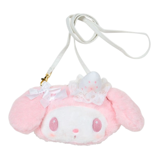 Twinkle Glory Sanrio My Melody plush face-shaped 2way pochette in pink and white with strawberry and lace details