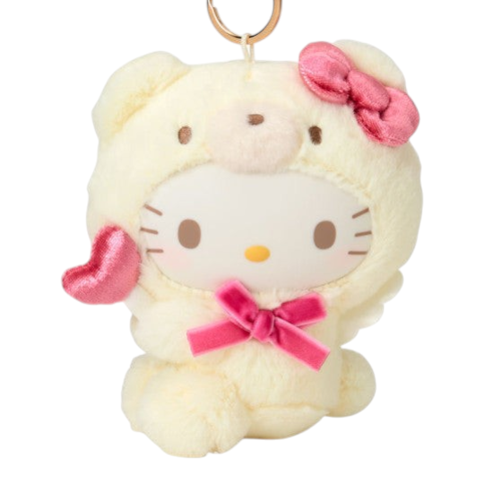 Twinkle Glory Sanrio Hello Kitty plush mascot keychain wearing a cream angel bear costume with pink bow and heart