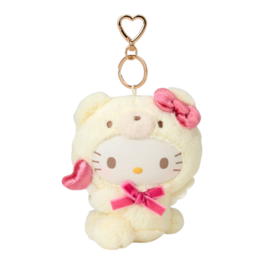 Twinkle Glory Hello Kitty plush mascot keychain wearing a cream angel bear costume with pink bows and heart clasp