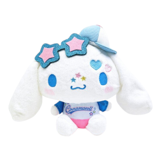 Twinkle Glory Sanrio Cinnamoroll plush wearing a pastel cap and glittery star sunglasses with a Y2K aesthetic outfit.