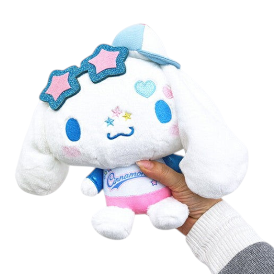Twinkle Glory Sanrio Cinnamoroll plush wearing a pastel cap and glittery star sunglasses with Y2K style outfit