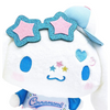 Twinkle Glory Sanrio Cinnamoroll plush wearing a pastel cap and glittery star sunglasses with Y2K style face decals