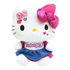 Twinkle Glory Hello Kitty plush wearing a vivid pink cap and denim skirt with Y2K style star and heart embroidery.