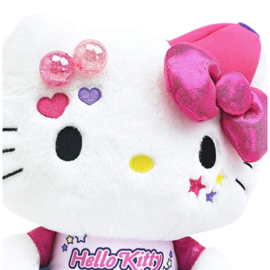 Twinkle Glory Hello Kitty plush wearing a vivid pink cap with heart and star embroidery and glittery accents