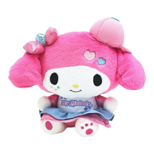 Twinkle Glory Sanrio My Melody plush doll wearing a pink cap and denim skirt with Y2K style embroidery details