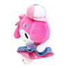 Twinkle Glory My Melody plush doll wearing a pink and white Y2K style cap and blue skirt, side view