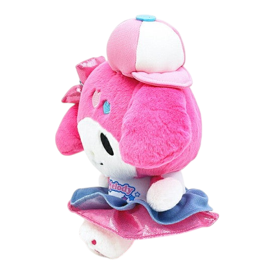 Twinkle Glory My Melody plush doll wearing a pink and white Y2K style cap and blue skirt, side view