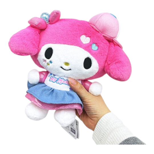 Twinkle Glory Sanrio My Melody plush doll in a pink Y2K vivid cap outfit with a blue skirt and embroidered details.