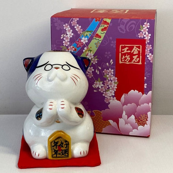 Jinshi Blue Lucky Cat Piggy Bank With Glasses 12.5cm