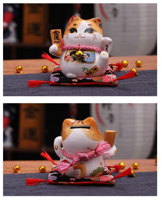 Jinshi Yellow Lucky Cat Piggy Bank With Racket 10cm