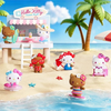 Twinkle Glory Sanrio Hello Kitty summer beach themed PVC collectible figures displayed on a sandy tropical shore.