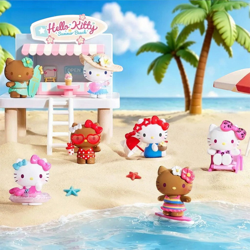 Twinkle Glory Sanrio Hello Kitty summer beach themed PVC collectible figures displayed on a sandy tropical shore.