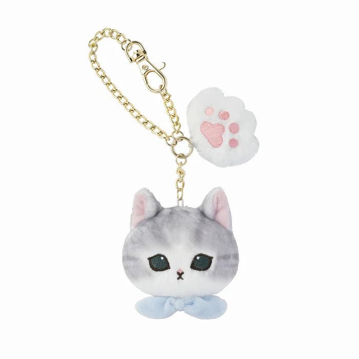 Mofusand Grayish White Cat Face Blue Bow & Paw Charm Keychain - Twinkle Glory