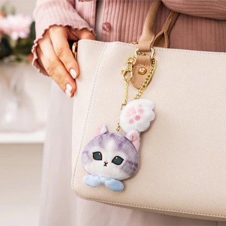 Mofusand Grayish White Cat Face Blue Bow & Paw Charm Keychain - Twinkle Glory