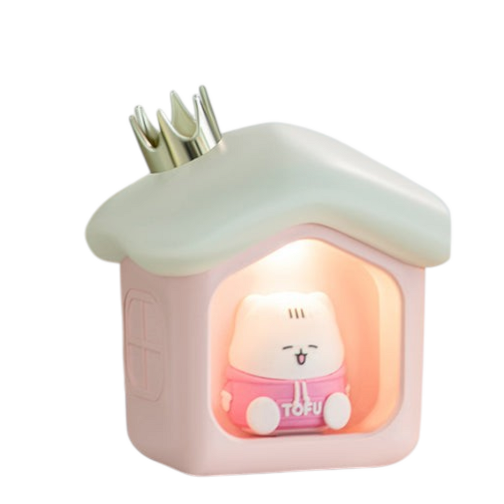 Twinkle Glory house shaped humidifier with a soft night light and a cute Tofu cartoon character in pink and white
