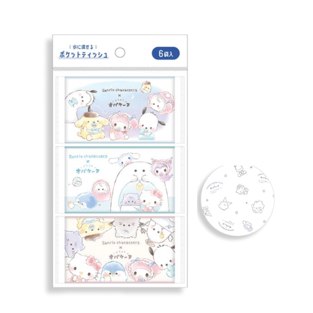 Sanrio Characters x Obakenu Baby Pattern Flushable Pocket Tissues 6 Pack Set - Twinkle Glory