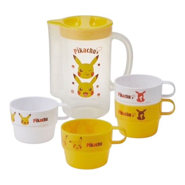 Twinkle Glory Skater Pokémon Pikachu stacking cup and jug set in yellow and white polypropylene for picnics.