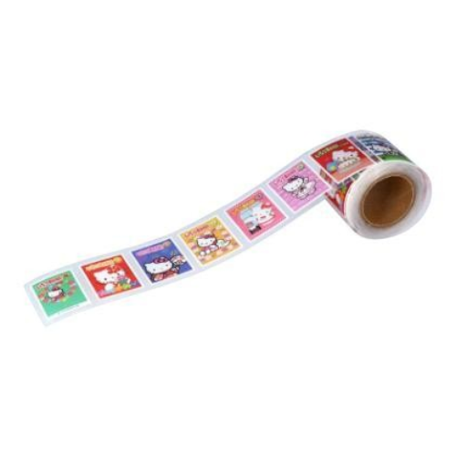 Twinkle Glory Sanrio Hello Kitty 50th Anniversary pink masking sticker roll featuring vintage newspaper cover designs