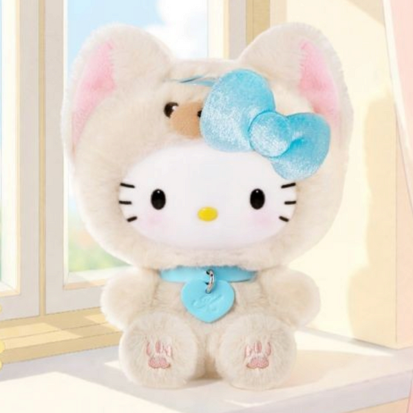 Twinkle Glory Hello Kitty Puppy Party plush bag charm wearing a fluffy cream puppy hood and blue bow