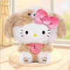 Twinkle Glory Hello Kitty plush bag charm wearing a fluffy brown puppy hood with a bright pink bow and collar