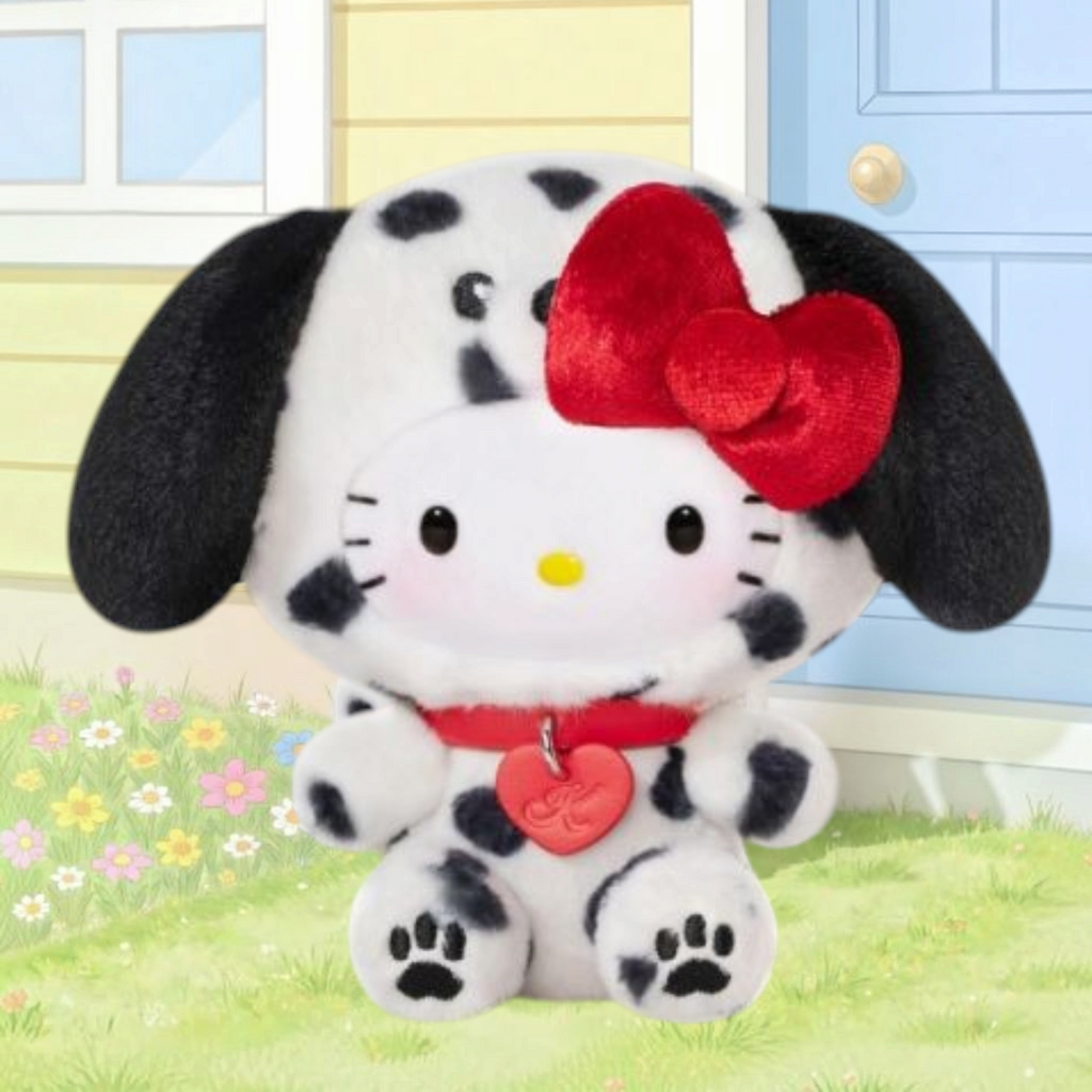Twinkle Glory Hello Kitty puppy party plush bag charm featuring a white and black dalmatian pattern with a red bow.