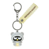 Twinkle Glory Sanrio Badtz Maru flocked resin mascot keychain with a yellow decorative strap and metal keyring.
